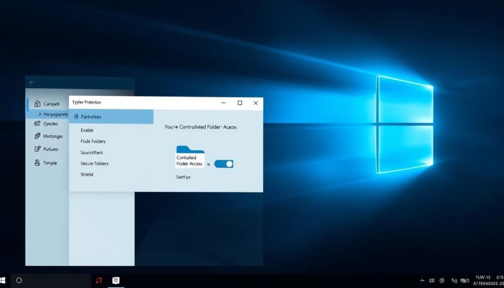 A sleek, modern Windows desktop interface with a focus on the Controlled Folder Access security feature. In the foreground, a centralized settings panel showcases the toggle to enable this protection, surrounded by clear explanatory icons and labels. The middle ground features a simplified file browser, highlighting the secure folders shielded by the Controlled Folder Access. In the background, a subtle gradient or texture evokes a sense of digital security and technology. Subtle lighting casts a soft, professional glow over the entire scene, creating a visually appealing and informative illustration of this critical Windows security measure.