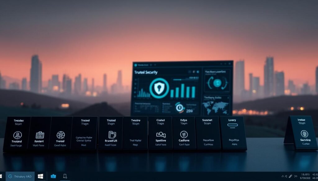 A sleek, modern Windows desktop interface with a prominent security control panel. In the foreground, an array of trusted application icons arranged neatly, each glowing with a soft, reassuring light. The middle ground features a central dashboard displaying security metrics and status updates. In the background, a minimalist landscape of stylized Windows UI elements, conveying a sense of reliability and digital fortification. Crisp, high-resolution rendering with a sophisticated color palette and subtle depth-of-field effects. The overall mood is one of confidence, control, and technological vigilance.