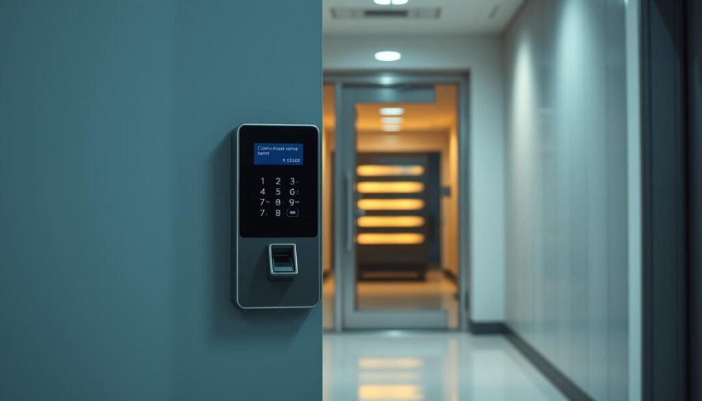 A sleek, modern access control system featuring a minimalist touch panel and fingerprint scanner, situated in a well-lit entryway with clean lines and a neutral color palette. The glass door offers a glimpse of the secure interior, while subtle lighting casts a warm glow across the scene. The overall impression conveys a sense of professionalism, efficiency, and stringent security measures appropriate for an enterprise-grade Elasticsearch or MongoDB server environment.