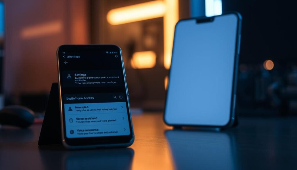 A sleek, modern android smartphone in the foreground, illuminated by soft, diffuse lighting. The device is positioned at a slight angle, showcasing its smooth, metallic chassis and high-resolution display. In the middle ground, the phone's settings menu is visible, with options to disable microphone access and voice assistant functionality. The background is blurred, creating a sense of focus and emphasis on the phone's security-related features. The overall scene conveys a mood of privacy, control, and technical sophistication, aligning with the article's subject matter.