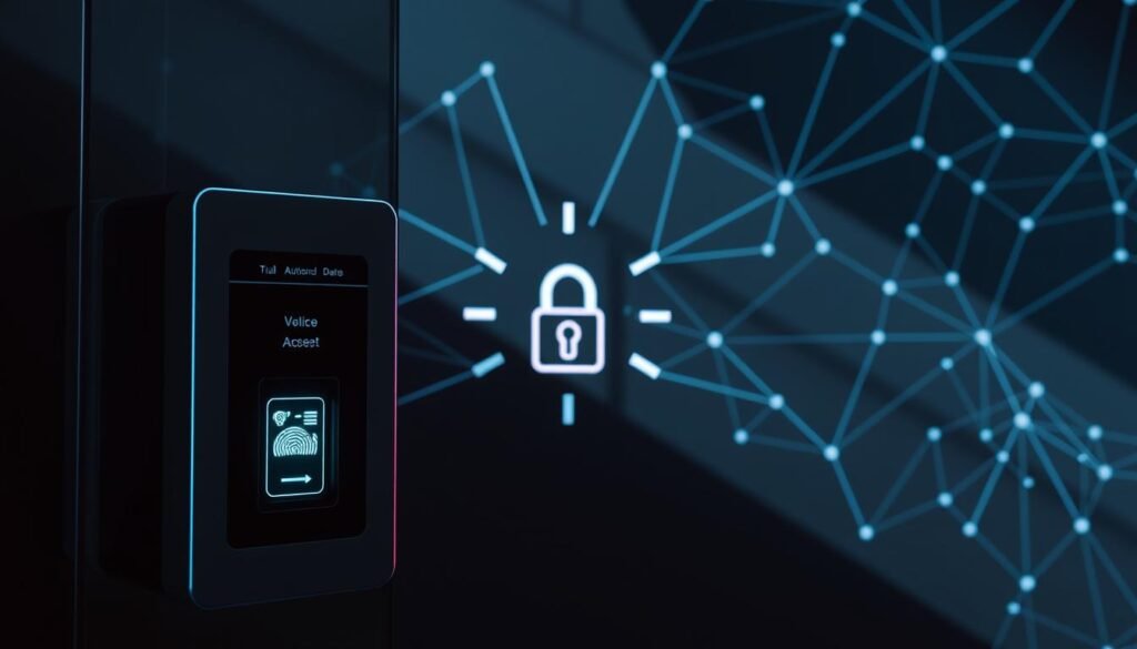 A sleek, modern authentication system. In the foreground, a secure access panel with a biometric fingerprint scanner and two-factor authentication methods. The middle ground features a stylized lock icon, symbolizing the encryption and protection of sensitive data. In the background, a network of interconnected nodes and lines, representing the robust security infrastructure underpinning the authentication process. The lighting is crisp and clean, casting long shadows and creating a sense of depth and sophistication. The overall atmosphere conveys a seamless, high-tech experience that prioritizes user security and privacy. A sleek, modern authentication system. In the foreground, a secure access panel with a biometric fingerprint scanner and two-factor authentication methods. The middle ground features a stylized lock icon, symbolizing the encryption and protection of sensitive data. In the background, a network of interconnected nodes and lines, representing the robust security infrastructure underpinning the authentication process. The lighting is crisp and clean, casting long shadows and creating a sense of depth and sophistication. The overall atmosphere conveys a seamless, high-tech experience that prioritizes user security and privacy.