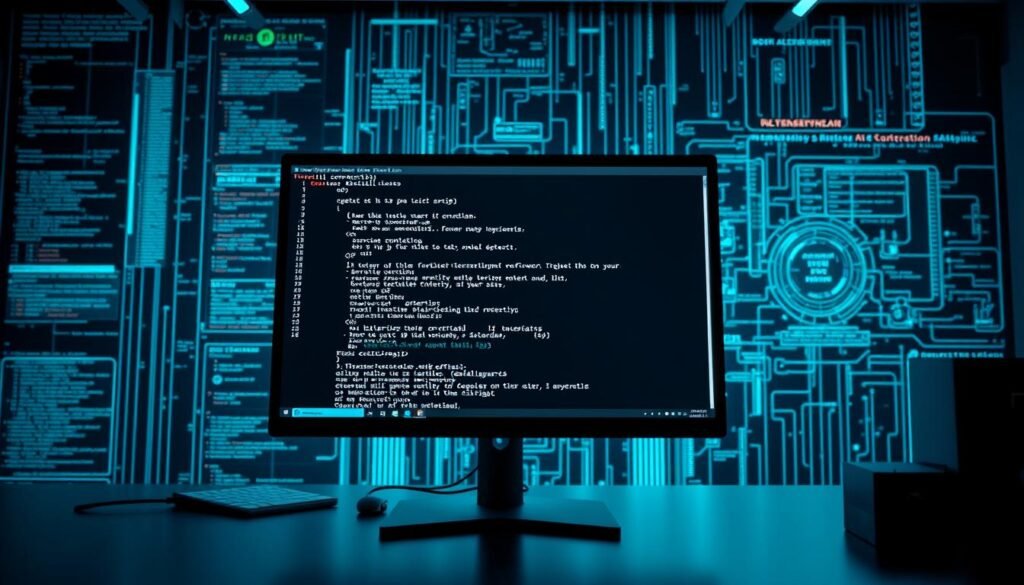 A sleek, modern computer desktop with a PowerShell command prompt window prominently displayed, showcasing various detection techniques such as script analysis, process monitoring, and network traffic inspection. The screen is bathed in a cool, teal-blue lighting, creating a sense of technological sophistication. In the background, a complex matrix of data streams and visualizations hint at the underlying complexity of PowerShell-based threats. The overall atmosphere conveys a sense of vigilance and the need for proactive, advanced security measures to combat such evasive malware. A sleek, modern computer desktop with a PowerShell command prompt window prominently displayed, showcasing various detection techniques such as script analysis, process monitoring, and network traffic inspection. The screen is bathed in a cool, teal-blue lighting, creating a sense of technological sophistication. In the background, a complex matrix of data streams and visualizations hint at the underlying complexity of PowerShell-based threats. The overall atmosphere conveys a sense of vigilance and the need for proactive, advanced security measures to combat such evasive malware.