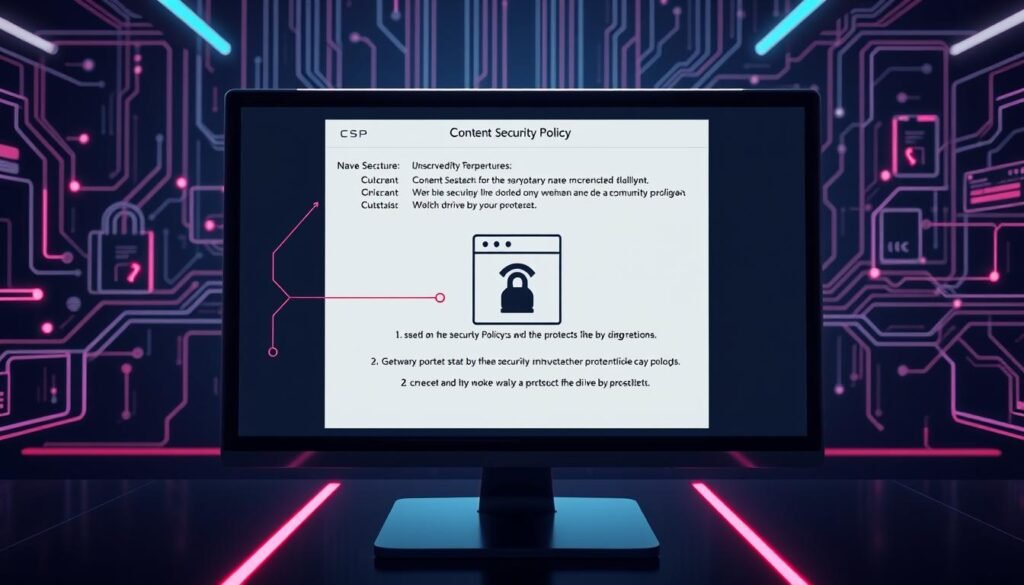 A sleek, modern computer display showcases a detailed visualization of a Content Security Policy (CSP) configuration. In the foreground, elegant lines and shapes depict the structure of the policy, with specific directives and restrictions clearly outlined. The middle ground features a stylized representation of a web browser, symbolizing the application of the CSP to protect against potential threats like drive-by downloads. The background subtly suggests a secure, encrypted network environment, with subtle patterns and hues conveying a sense of digital safety and control. The overall scene is rendered with a high-contrast, minimalist aesthetic, emphasizing the technical precision and importance of this web security measure.