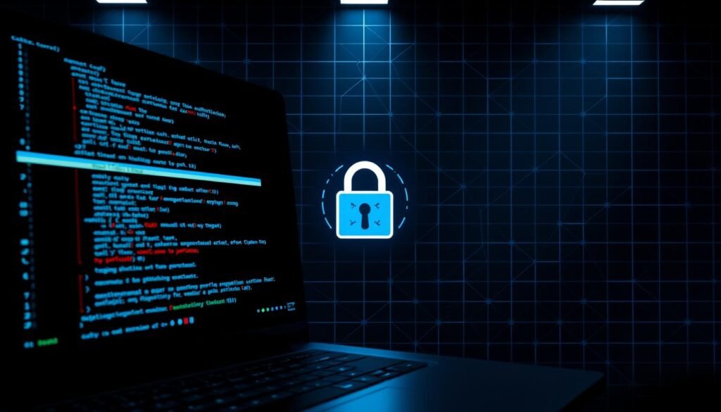 A sleek, modern computer interface with a focus on the concept of "authentication bypass". In the foreground, a command console displays lines of code hinting at a security vulnerability. Subtle glitches and visual distortions suggest the system has been compromised. The middle ground features a stylized padlock icon, its lock mechanism open, symbolizing the bypass. The background showcases a geometric grid pattern, creating a sense of digital space and the underlying infrastructure. Dramatic backlighting casts dramatic shadows, evoking a moody, high-tech atmosphere. The overall image conveys the technical complexity and potential danger of authentication bypass vulnerabilities.