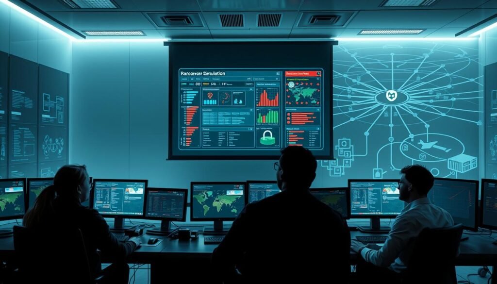 A sleek, modern computer lab setting with a large projection screen showcasing a ransomware simulation dashboard. In the foreground, a team of cybersecurity professionals intently studying the simulation, their expressions focused and analytical. Soft, directional lighting casts dramatic shadows, conveying the gravity of the situation. The middle ground features various workstations and monitoring equipment, their displays depicting real-time threat analysis and mitigation strategies. In the background, a sprawling network diagram illustrates the complex infrastructure being safeguarded. The overall atmosphere is one of professionalism, diligence, and a proactive approach to cybersecurity best practices.