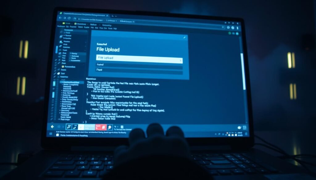 A sleek, modern computer screen displaying a complex web form with a prominent "File Upload" field. The screen is bathed in a soft, ambient light, creating a sense of vulnerability and unease. In the foreground, a hacker's hand hovers over the keyboard, their fingers poised to exploit the insecure file upload functionality. The background is shrouded in shadows, hinting at the potential for malicious activities and data breaches. The composition emphasizes the tension between the user's trust in the web form and the hidden dangers of improperly secured file uploads. A sleek, modern computer screen displaying a complex web form with a prominent "File Upload" field. The screen is bathed in a soft, ambient light, creating a sense of vulnerability and unease. In the foreground, a hacker's hand hovers over the keyboard, their fingers poised to exploit the insecure file upload functionality. The background is shrouded in shadows, hinting at the potential for malicious activities and data breaches. The composition emphasizes the tension between the user's trust in the web form and the hidden dangers of improperly secured file uploads.