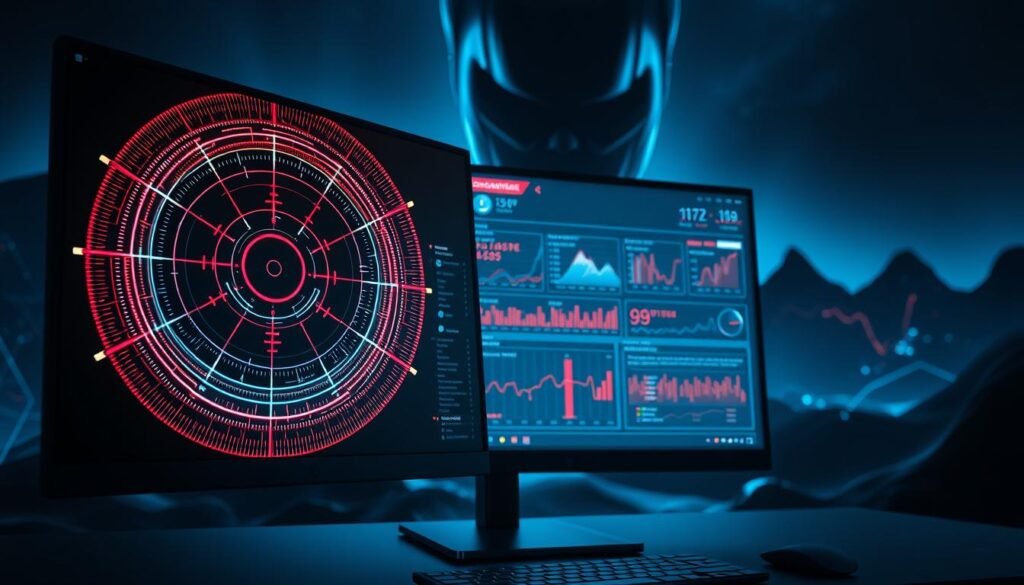 A sleek, modern computer screen displaying a detailed visualization of ransomware detection. In the foreground, a stylized radar-like interface scans for threats, pulsing with vibrant, neon-like hues. The middle ground features a sophisticated data analysis dashboard, with graphs, charts, and indicators providing real-time insights into potential ransomware activity. The background depicts a shadowy, ominous digital landscape, conveying the sense of a constant, looming cybersecurity threat. Crisp, high-contrast lighting and a cool, techno-futuristic color palette contribute to an atmosphere of vigilance and anticipation, perfectly capturing the essence of "How to Detect Ransomware Before Encryption Starts." A sleek, modern computer screen displaying a detailed visualization of ransomware detection. In the foreground, a stylized radar-like interface scans for threats, pulsing with vibrant, neon-like hues. The middle ground features a sophisticated data analysis dashboard, with graphs, charts, and indicators providing real-time insights into potential ransomware activity. The background depicts a shadowy, ominous digital landscape, conveying the sense of a constant, looming cybersecurity threat. Crisp, high-contrast lighting and a cool, techno-futuristic color palette contribute to an atmosphere of vigilance and anticipation, perfectly capturing the essence of "How to Detect Ransomware Before Encryption Starts."