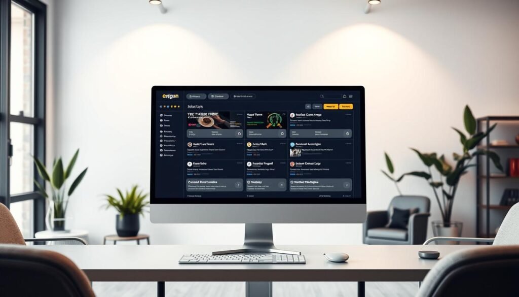 A sleek, modern computer screen displaying a grid of remote cybersecurity job listings. The screen is set against a minimalist, well-lit office backdrop, with stylish furniture and potted plants adding a touch of sophistication. The job board features a clean, intuitive user interface, with clear categories, job titles, and company logos. The overall scene conveys a sense of professionalism, opportunity, and the flexibility of remote work in the cybersecurity field.