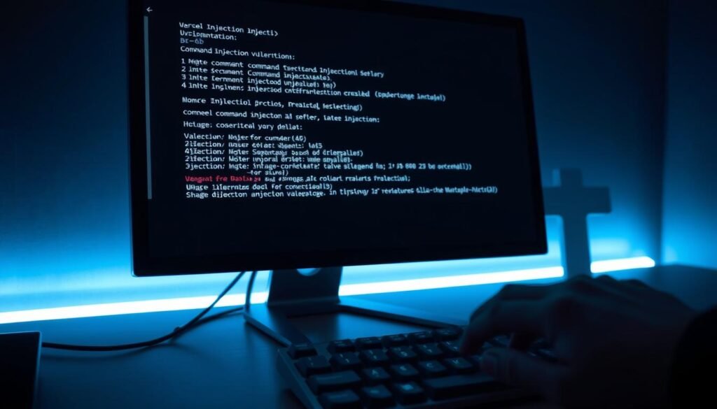 A sleek, modern computer screen displaying a terminal window with lines of code representing various command injection vulnerabilities. The screen is illuminated by a soft, bluish glow, casting dramatic shadows across the desk. In the foreground, a hacker's hand hovers over the keyboard, ready to exploit the vulnerabilities. The background is blurred, emphasizing the focus on the technical details unfolding on the screen. The overall atmosphere is one of tension and the sense of a sophisticated, high-stakes digital intrusion.