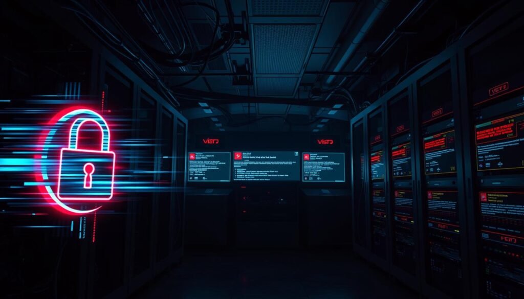 A sleek, modern computer server room, dimly lit with a moody, unsettling atmosphere. In the foreground, a SSL/TLS certificate icon glitches and distorts, casting an eerie glow across the scene. Shadowy network cables and hardware equipment loom in the middle ground, hinting at the complexity of the system. In the background, a series of monitor screens display cryptic error messages and warning signs, highlighting the severity of the SSL/TLS misconfiguration issue. The overall impression conveys a sense of technological disarray and the potential consequences of overlooking crucial security details.