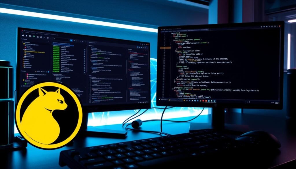 A sleek, modern computer workstation with a dual monitor setup, displaying various Hashcat tools and statistics. The foreground features a stylized Hashcat logo and a tactile keyboard, hinting at the technical nature of the task. The middle ground showcases a code editor with optimized configurations, while the background displays a 3D visualization of password hashes being processed, bathed in a soft, blue-green lighting that evokes a sense of efficiency and technological prowess. The overall scene conveys a professional, problem-solving atmosphere, perfectly suited for the "Optimizing Hashcat for Maximum Efficiency" section of the article.