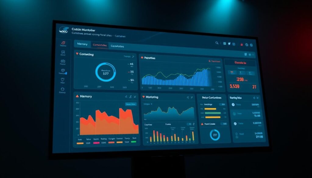 A sleek, modern container monitoring dashboard against a dimly lit, minimalist background. The interface features clean lines, precise data visualizations, and intuitive controls. Bright, vibrant colors highlight key metrics like CPU, memory, and network usage, while a smooth, cinematic lighting setup casts a subtle glow across the panel. The dashboard is displayed on a large, high-resolution display with a slightly angled, close-up camera perspective, creating a sense of depth and immersion. The overall scene conveys a professional, enterprise-grade monitoring solution for secure Docker container deployments in production environments. A sleek, modern container monitoring dashboard against a dimly lit, minimalist background. The interface features clean lines, precise data visualizations, and intuitive controls. Bright, vibrant colors highlight key metrics like CPU, memory, and network usage, while a smooth, cinematic lighting setup casts a subtle glow across the panel. The dashboard is displayed on a large, high-resolution display with a slightly angled, close-up camera perspective, creating a sense of depth and immersion. The overall scene conveys a professional, enterprise-grade monitoring solution for secure Docker container deployments in production environments.