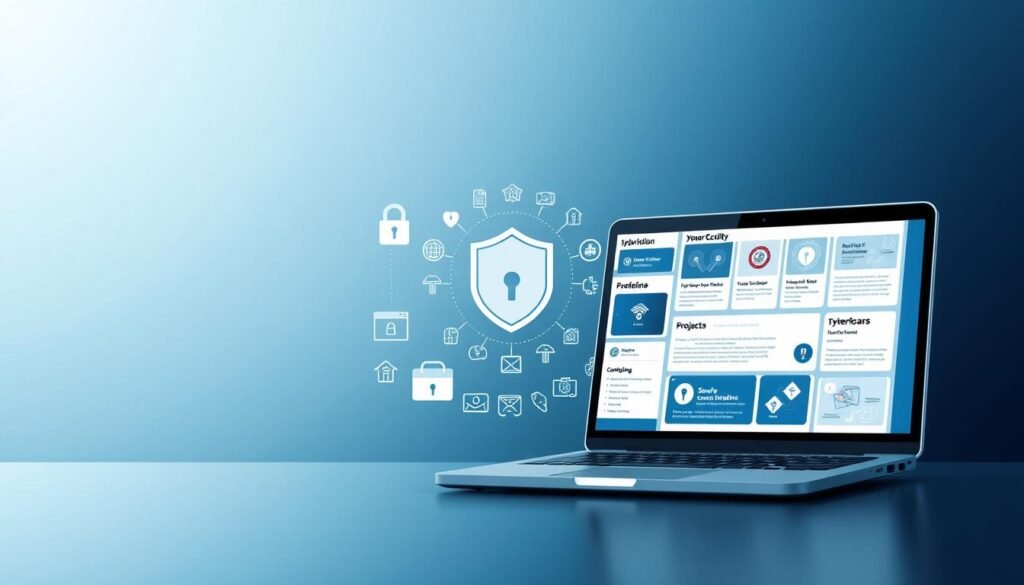 A sleek, modern cybersecurity portfolio structured with clean lines and minimalist elegance. In the foreground, a stylized laptop display showcases various cybersecurity-related projects and certifications. The middle ground features a collection of cybersecurity icons, including a padlock, firewall, and security shield, arranged in a visually striking pattern. The background is a sophisticated gradient, blending shades of blue and gray, conveying a sense of digital sophistication. Soft, directional lighting creates depth and highlights the portfolio's key elements, while a slightly low camera angle emphasizes the professionalism and authority of the cybersecurity portfolio. A sleek, modern cybersecurity portfolio structured with clean lines and minimalist elegance. In the foreground, a stylized laptop display showcases various cybersecurity-related projects and certifications. The middle ground features a collection of cybersecurity icons, including a padlock, firewall, and security shield, arranged in a visually striking pattern. The background is a sophisticated gradient, blending shades of blue and gray, conveying a sense of digital sophistication. Soft, directional lighting creates depth and highlights the portfolio's key elements, while a slightly low camera angle emphasizes the professionalism and authority of the cybersecurity portfolio.