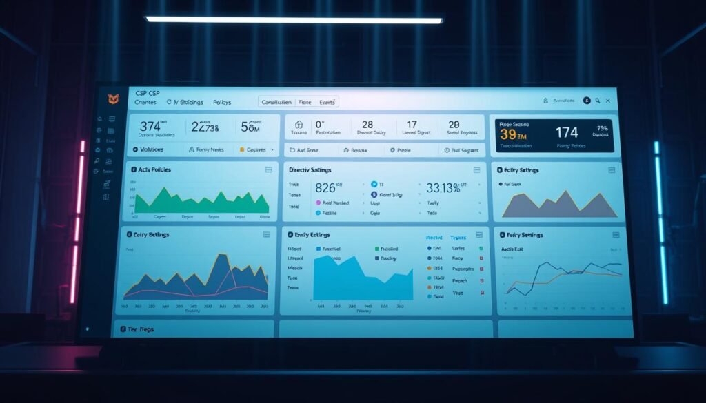 A sleek, modern dashboard displaying a comprehensive view of Content Security Policy (CSP) monitoring tools. In the foreground, a series of colorful graphs and charts tracking CSP violations, policy compliance, and security events. The middle ground features a central panel with detailed information on active policies, directive settings, and reporting configurations. In the background, a minimalist interface with clean lines and subtle gradients, creating a professional and functional aesthetic. Soft lighting illuminates the display, highlighting the importance of this security dashboard for developers and security teams. The overall composition conveys a sense of control, visibility, and proactive defense against cross-site scripting (XSS) attacks.