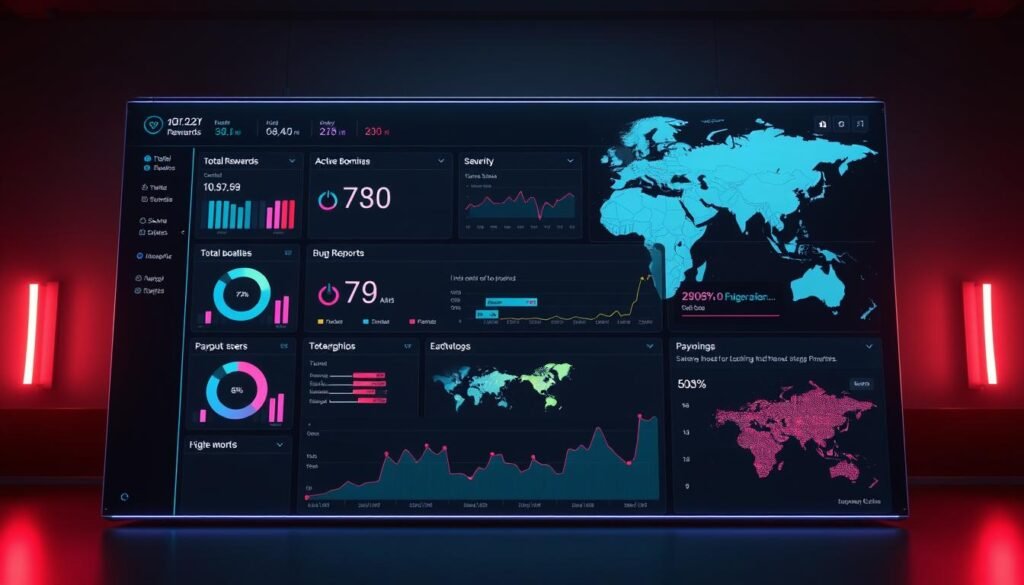 A sleek, modern dashboard displaying comprehensive data on bug bounty earnings. In the foreground, an intuitive user interface showcases various metrics such as total rewards, active bounties, and payout trends, all presented through clean visualizations and charts. The middle ground features a detailed breakdown of individual bug reports, their severities, and corresponding payouts. In the background, a stylized world map highlights the global scale of the bug bounty program, with regions of activity denoted by vibrant data points. The scene is illuminated by a soft, directional lighting that accentuates the dashboard's minimalist aesthetic, creating a professional and authoritative atmosphere. A sleek, modern dashboard displaying comprehensive data on bug bounty earnings. In the foreground, an intuitive user interface showcases various metrics such as total rewards, active bounties, and payout trends, all presented through clean visualizations and charts. The middle ground features a detailed breakdown of individual bug reports, their severities, and corresponding payouts. In the background, a stylized world map highlights the global scale of the bug bounty program, with regions of activity denoted by vibrant data points. The scene is illuminated by a soft, directional lighting that accentuates the dashboard's minimalist aesthetic, creating a professional and authoritative atmosphere.