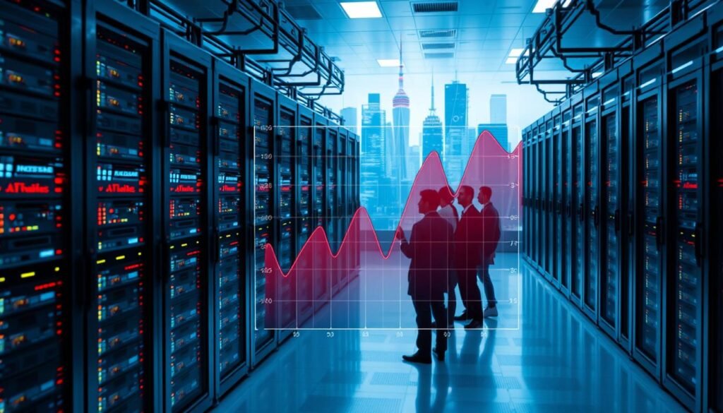 A sleek, modern data center filled with rows of networked servers, their LED lights blinking in a rhythmic pattern. In the foreground, a holographic display shows a complex graph charting network traffic patterns, with anomalies highlighted in bright red. In the middle ground, a team of data scientists and cybersecurity experts analyze the data, using machine learning algorithms to detect potential DDoS attacks. The background features a cityscape, with skyscrapers and communication towers, conveying the global scale and interconnectedness of the digital landscape. The scene is bathed in a cool, blue-tinted lighting, creating a sense of technological sophistication and analytical precision.