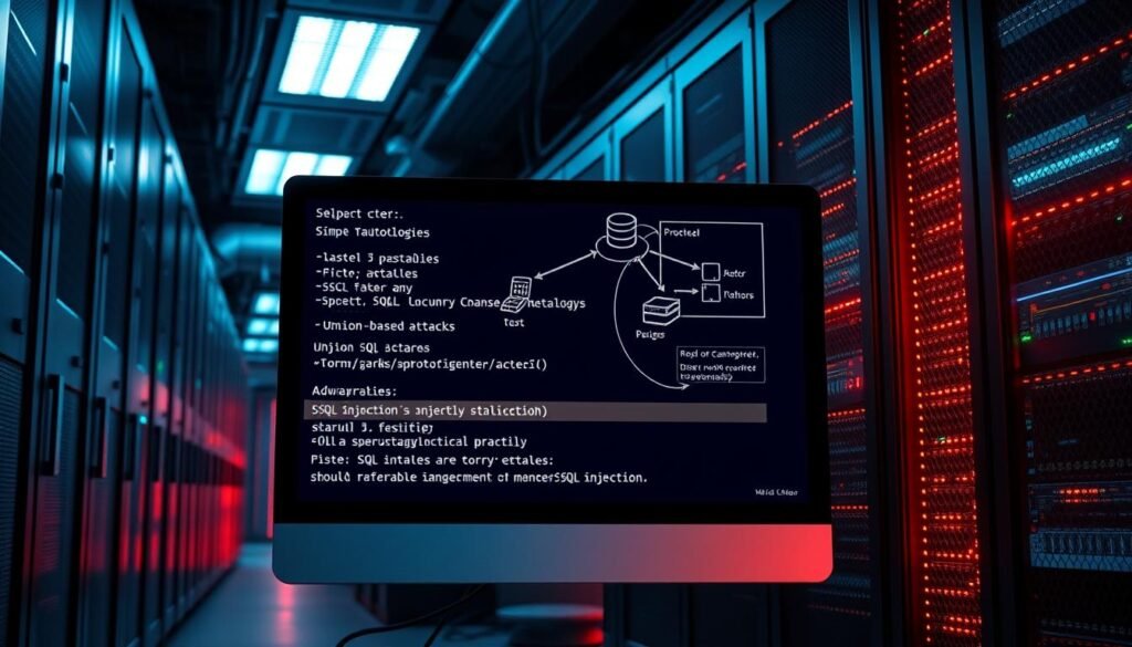 A sleek, modern data center filled with server racks and blinking lights. In the foreground, a computer screen displays various SQL injection attack vectors, from simple tautologies to advanced techniques like union-based attacks and blind SQL injection. The background showcases a network diagram, illustrating the interconnected nature of web applications and databases. Diffuse lighting creates a sense of depth and drama, while the overall tone is one of technical sophistication and cybersecurity awareness.