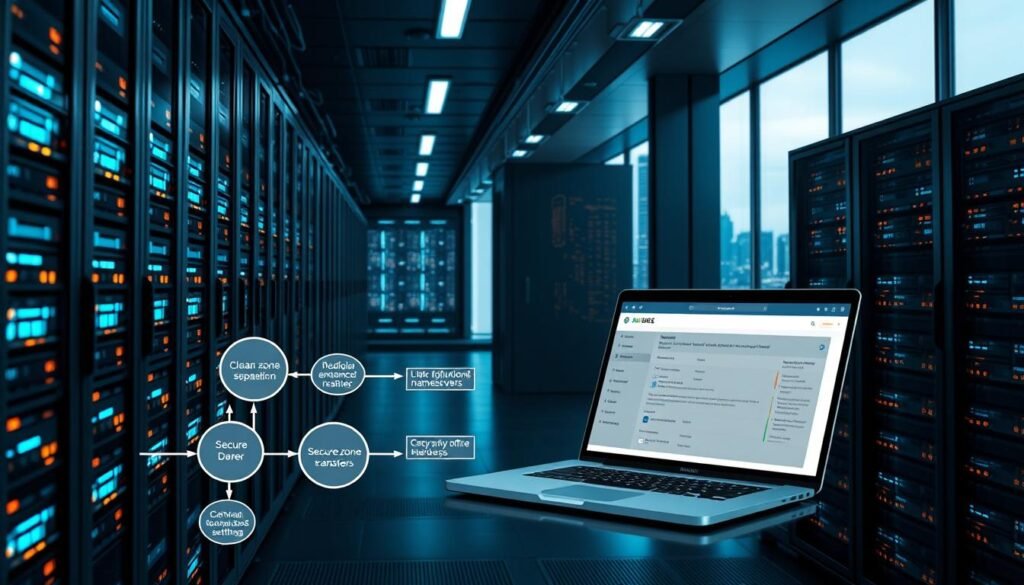 A sleek, modern data center filled with server racks, their blinking lights casting a soft glow. In the foreground, a network diagram showcases DNS configuration best practices - clear zone separations, redundant nameservers, and secure zone transfers. The middle ground features a laptop screen displaying a web-based DNS management interface, its elegant UI guiding the administrator through optimal settings. The background is a panoramic view of the cityscape outside, hinting at the global connectivity facilitated by well-configured DNS. The lighting is crisp and directional, emphasizing the technical precision of the scene. The overall mood is one of order, reliability, and technological sophistication. A sleek, modern data center filled with server racks, their blinking lights casting a soft glow. In the foreground, a network diagram showcases DNS configuration best practices - clear zone separations, redundant nameservers, and secure zone transfers. The middle ground features a laptop screen displaying a web-based DNS management interface, its elegant UI guiding the administrator through optimal settings. The background is a panoramic view of the cityscape outside, hinting at the global connectivity facilitated by well-configured DNS. The lighting is crisp and directional, emphasizing the technical precision of the scene. The overall mood is one of order, reliability, and technological sophistication.