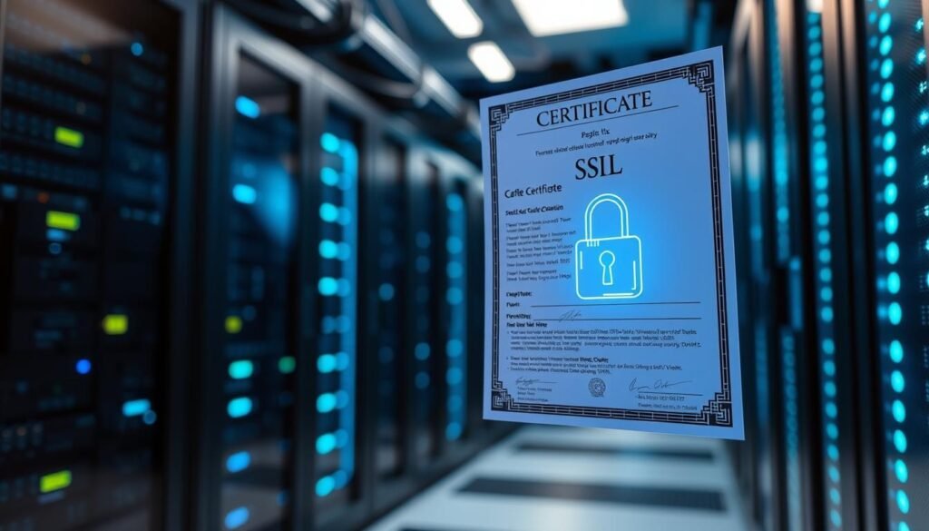 A sleek, modern data center interior with rows of server racks and glowing blue indicator lights. In the foreground, a SSL certificate document hovers, its intricate digital security details illuminated against a backdrop of blurred network cables and cooling systems. The lighting is crisp and clean, emphasizing the technical precision required for proper SSL/TLS configuration. The overall atmosphere conveys a sense of authority, highlighting the importance of implementing SSL best practices to ensure secure, reliable web communication.