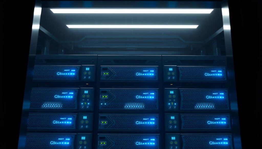 A sleek, modern data center server rack with multiple host security modules installed. The modules have a matte black metal casing with glowing blue status indicators. The modules are arranged in a clean, symmetrical layout, creating a visually striking and technically sophisticated impression. Diffused overhead lighting casts dramatic shadows, emphasizing the angular design and robust construction of the hardware. The backdrop is a dimly lit, minimalist environment, allowing the security modules to be the focal point. The overall scene conveys a sense of advanced, enterprise-grade data security and protection. A sleek, modern data center server rack with multiple host security modules installed. The modules have a matte black metal casing with glowing blue status indicators. The modules are arranged in a clean, symmetrical layout, creating a visually striking and technically sophisticated impression. Diffused overhead lighting casts dramatic shadows, emphasizing the angular design and robust construction of the hardware. The backdrop is a dimly lit, minimalist environment, allowing the security modules to be the focal point. The overall scene conveys a sense of advanced, enterprise-grade data security and protection.