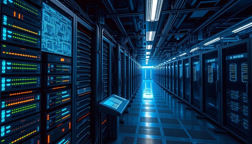 A sleek, modern data center with a complex web of virtual servers, networks, and storage systems. In the foreground, a detailed rack of interconnected servers and storage devices, their glowing status lights conveying the dynamic nature of the virtualized environment. The middle ground features a futuristic control panel with holographic displays, allowing administrators to monitor and manage the virtual infrastructure. In the background, a panoramic view of the data center, with rows of server racks and cooling systems, all bathed in a cool, blue-tinted lighting that creates a sense of technological precision and efficiency. The overall scene evokes a highly advanced, adaptable, and scalable virtualization setup, ready to power the digital needs of a cutting-edge cyber home lab.