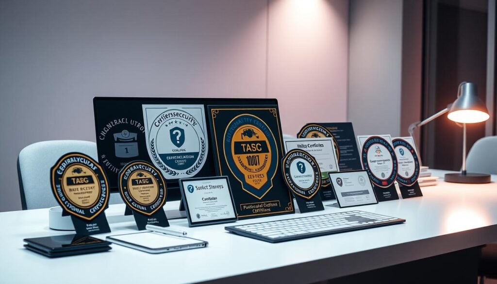 A sleek, modern desk with various cybersecurity certification badges and awards prominently displayed. The certifications are arranged in a visually appealing layout, with a soft, diffused lighting creating depth and highlighting the details. The background is a minimalist, elegant office setting, hinting at the professional environment where these credentials are valued. The overall impression conveys the importance of specialized cybersecurity knowledge and skills, even without a traditional degree, as the key to success in the field. A sleek, modern desk with various cybersecurity certification badges and awards prominently displayed. The certifications are arranged in a visually appealing layout, with a soft, diffused lighting creating depth and highlighting the details. The background is a minimalist, elegant office setting, hinting at the professional environment where these credentials are valued. The overall impression conveys the importance of specialized cybersecurity knowledge and skills, even without a traditional degree, as the key to success in the field.