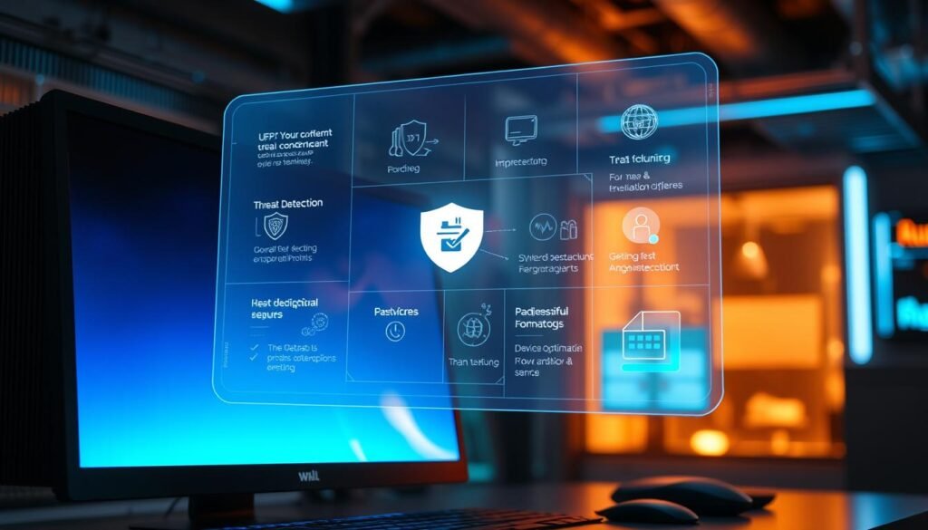 A sleek, modern desktop computer is prominently displayed, its screen illuminating the workspace with a vibrant, blue-tinted glow. Hovering over the screen is a translucent, holographic user interface, showcasing the various features and functions of a comprehensive endpoint security software solution. The interface displays detailed threat detection, firewall management, and device optimization tools, all within a clean, minimalist design. The background is a softly lit, technologically advanced environment, creating a sense of advanced, enterprise-level cybersecurity. The overall atmosphere conveys a balance of power, efficiency, and advanced protective capabilities.