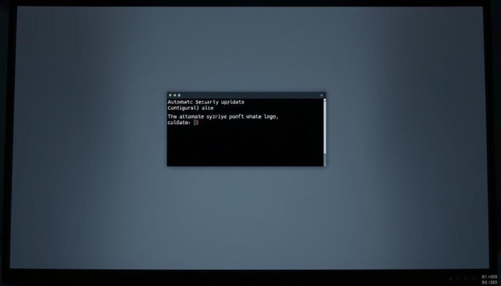 A sleek, modern desktop computer screen displaying a Linux terminal window. In the foreground, a command prompt flashes, awaiting user input. The terminal's backdrop is a minimalist, subdued gray, drawing the viewer's attention to the task at hand - verifying the automatic security update configuration. Soft, directional lighting casts subtle shadows, creating depth and a sense of professionalism. The camera angle is slightly elevated, giving a sense of authority and control over the system. The overall mood is one of focused, technical competence, reflecting the importance of securing one's Linux distribution. A sleek, modern desktop computer screen displaying a Linux terminal window. In the foreground, a command prompt flashes, awaiting user input. The terminal's backdrop is a minimalist, subdued gray, drawing the viewer's attention to the task at hand - verifying the automatic security update configuration. Soft, directional lighting casts subtle shadows, creating depth and a sense of professionalism. The camera angle is slightly elevated, giving a sense of authority and control over the system. The overall mood is one of focused, technical competence, reflecting the importance of securing one's Linux distribution.