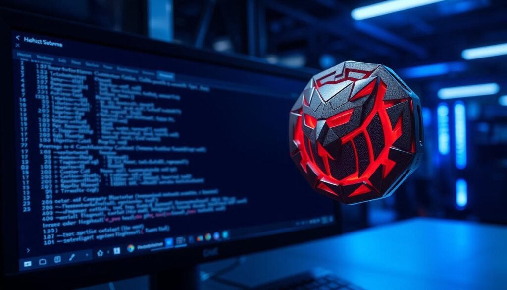 A sleek, modern desktop computer screen displaying a password cracking software interface. In the foreground, a detailed 3D model of the Hashcat logo hovers, its intricate geometric design radiating a sense of power and precision. The middle ground showcases the software's command-line interface, with lines of code and statistics scrolling across the display, bathed in a cool, blue-tinted lighting. The background blurs into a dimly lit, industrial-style setting, conveying a sense of focus and technical expertise. The overall atmosphere is one of technological prowess and the pursuit of digital security solutions.
