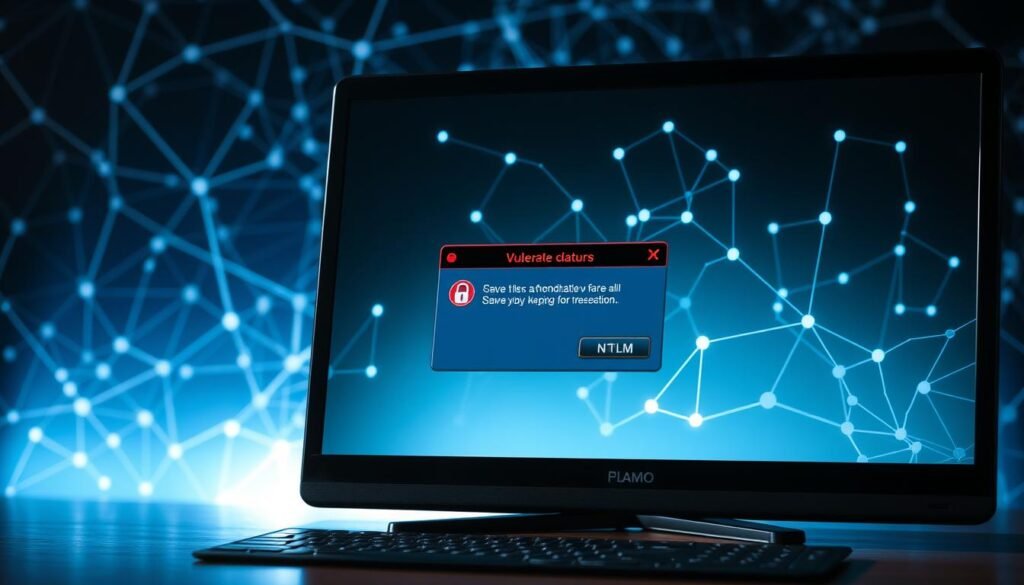 A sleek, modern desktop computer screen displaying a stylized vulnerability notification. In the foreground, a network authentication dialog box with the "NTLM" label prominently featured, indicating a security flaw in the authentication protocol. The background showcases a subtle grid of interconnected nodes, symbolizing the complex web of networked systems. Crisp, realistic lighting casts dramatic shadows, heightening the sense of urgency and the potential impact of this vulnerability. The overall tone conveys a sense of technical sophistication and the gravity of the security issue being presented.