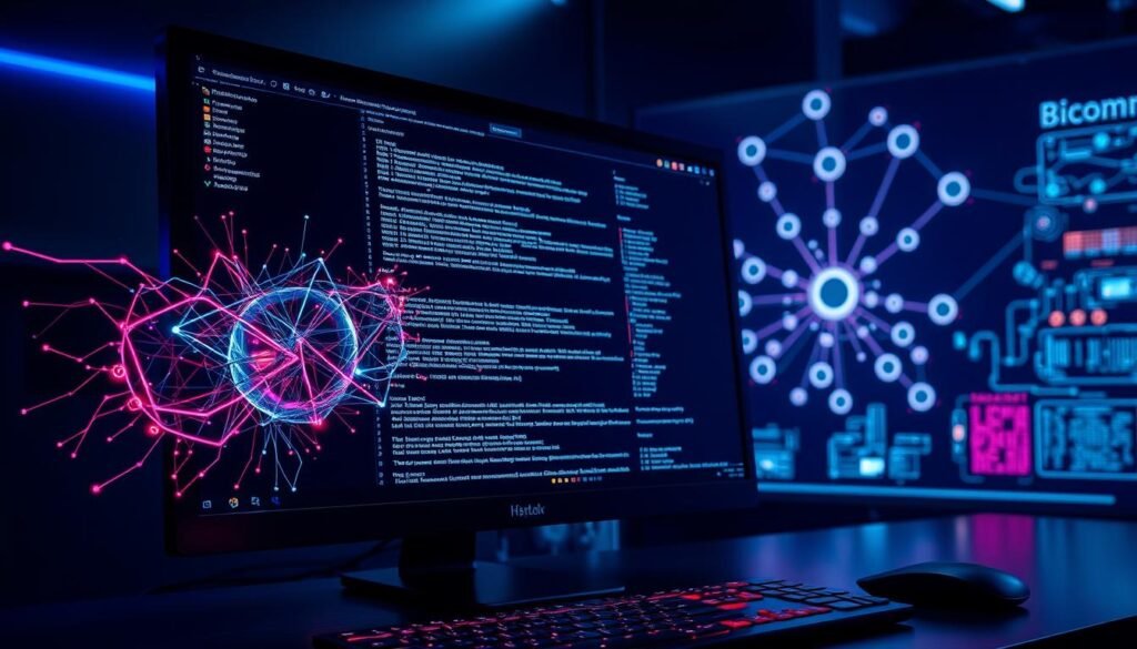 A sleek, modern desktop computer screen displaying an advanced password cracking interface. In the foreground, a complex algorithm visualizer pulses with neon hues, casting an intense glow across the workspace. The middle ground features a command-line terminal with intricate lines of code scrolling rapidly, hinting at the powerful techniques being employed. In the background, a network topology diagram showcases the interconnected systems being probed for vulnerabilities, all under the cool, focused lighting of a professional hacking environment.