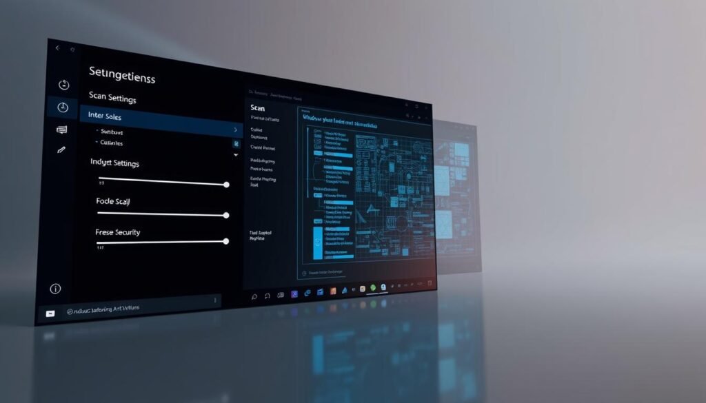 A sleek, modern desktop interface with the Windows Defender Antivirus scan options prominently displayed. The foreground shows a clean, minimalist UI with bold icons and sliders for customizing the scan settings. The middle ground features a large, detailed preview of the scan process, with intricate visualizations of the system files being analyzed. The background has a subtle, neutral gradient that creates a sense of depth and focus on the main interface elements. The lighting is soft and diffused, giving the scene a professional, enterprise-grade aesthetic. The camera angle is slightly elevated, providing an authoritative, confident perspective on the security controls.