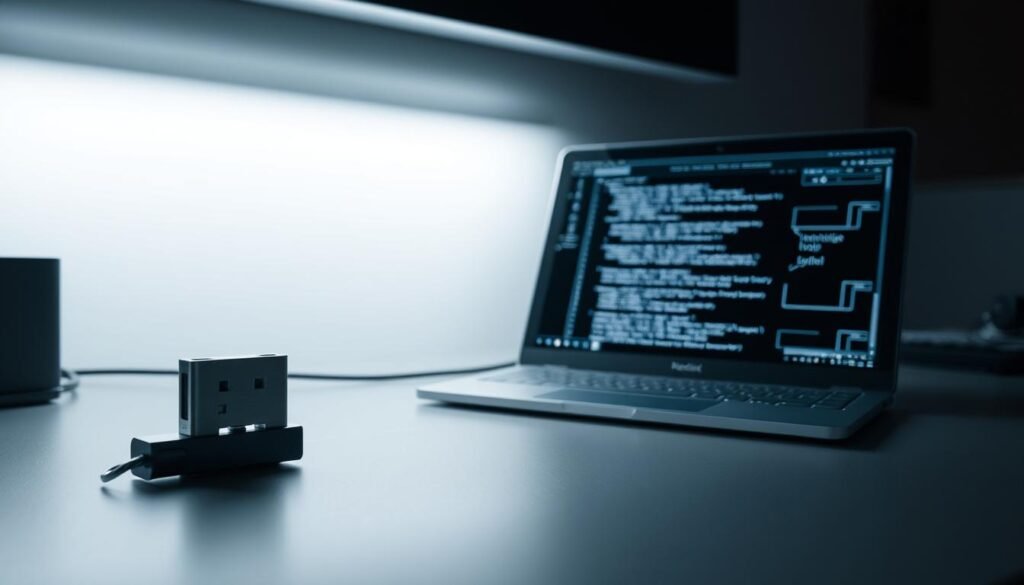 A sleek, modern desktop setup with two distinct computer components prominently displayed. On the left, a silver hardware device resembling a small USB dongle, symbolizing a physical hardware keylogger. On the right, an abstract software interface representing a digital, invisible software keylogger. The scene is illuminated by crisp, directional lighting, casting sharp shadows and highlights to accentuate the contrast between the two types of keyloggers. The background is a minimalist, monochromatic workspace, allowing the keylogger devices to take center stage. The overall mood is one of technical precision and the juxtaposition of physical and digital security threats.