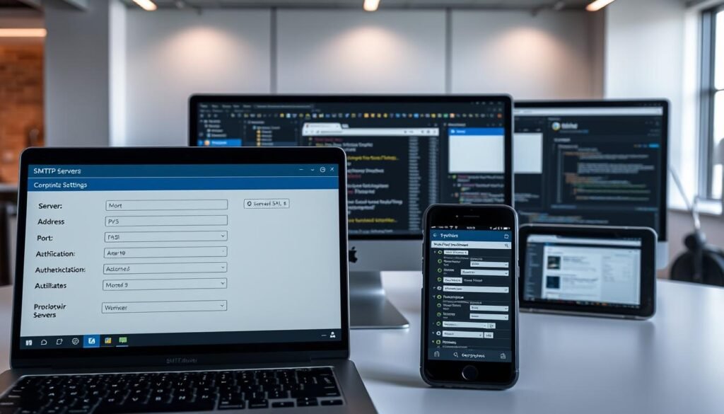 A sleek, modern desktop with a laptop, smartphone, and tablet displaying SMTP server settings. The foreground features a detailed configuration panel with input fields for server address, port, authentication details, and other technical parameters. In the middle ground, various email clients and web browsers are open, showcasing the interconnected nature of SMTP within a digital workspace. The background depicts a minimalist office environment with clean lines, neutral tones, and subtle lighting, creating a professional and focused atmosphere to illustrate the step-by-step guide to fixing a misconfigured SMTP server. A sleek, modern desktop with a laptop, smartphone, and tablet displaying SMTP server settings. The foreground features a detailed configuration panel with input fields for server address, port, authentication details, and other technical parameters. In the middle ground, various email clients and web browsers are open, showcasing the interconnected nature of SMTP within a digital workspace. The background depicts a minimalist office environment with clean lines, neutral tones, and subtle lighting, creating a professional and focused atmosphere to illustrate the step-by-step guide to fixing a misconfigured SMTP server.