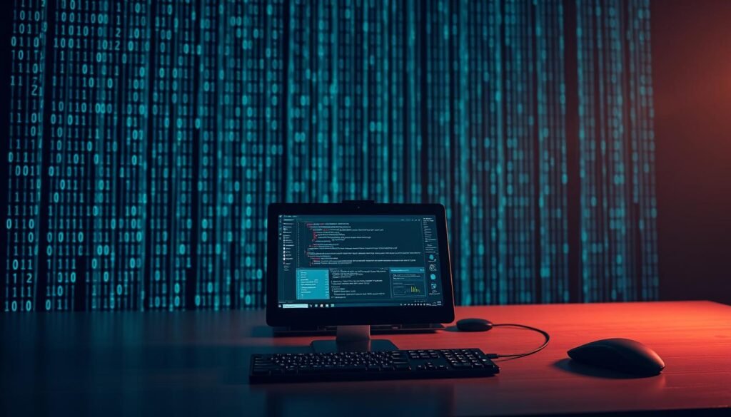 A sleek, modern hacking tool stands prominently in the foreground, its interface displayed on a high-resolution screen. The device is set against a dimly lit, minimalist workspace, with a keyboard and mouse in the middle ground. In the background, a matrix of binary code cascades down the wall, casting a cyberpunk glow over the scene. Soft, directional lighting illuminates the tool, emphasizing its technical details and conveying a sense of focus and intensity. The overall mood is one of high-tech sophistication and the power of digital security analysis.