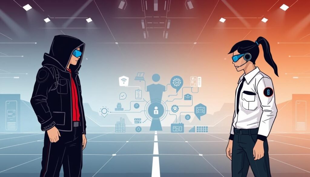 A sleek, modern illustration contrasting the career paths of CompTIA Security+ and CySA+ certifications. In the foreground, two stylized figures represent professionals on divergent trajectories - one focused on general security administration, the other specializing in cybersecurity analysis. The middle ground depicts symbolic icons and data visualizations highlighting the distinct skill sets and job roles associated with each certification. The background is a minimalist, high-tech landscape with clean lines and muted tones, creating a sense of balance and professionalism. Subtle lighting from multiple angles casts an air of authority and expertise, while the camera angle suggests an objective, informative perspective.