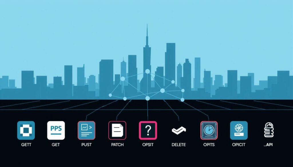 A sleek, modern illustration showcasing a variety of API endpoints. The foreground features stylized icons representing common HTTP methods (GET, POST, PUT, PATCH, DELETE, OPTIONS), arranged in a clean, grid-like layout. The middle ground depicts interconnected network nodes, hinting at the web of API interactions. In the background, a minimalist cityscape with towering skyscrapers suggests the larger context of web-based software development. The overall aesthetic is minimal, with a cool color palette and strong use of shadows to create depth and dimension. The lighting is crisp and directional, emphasizing the technical nature of the subject matter. The composition is balanced and visually striking, serving as an effective visual aid for the developer-focused article.