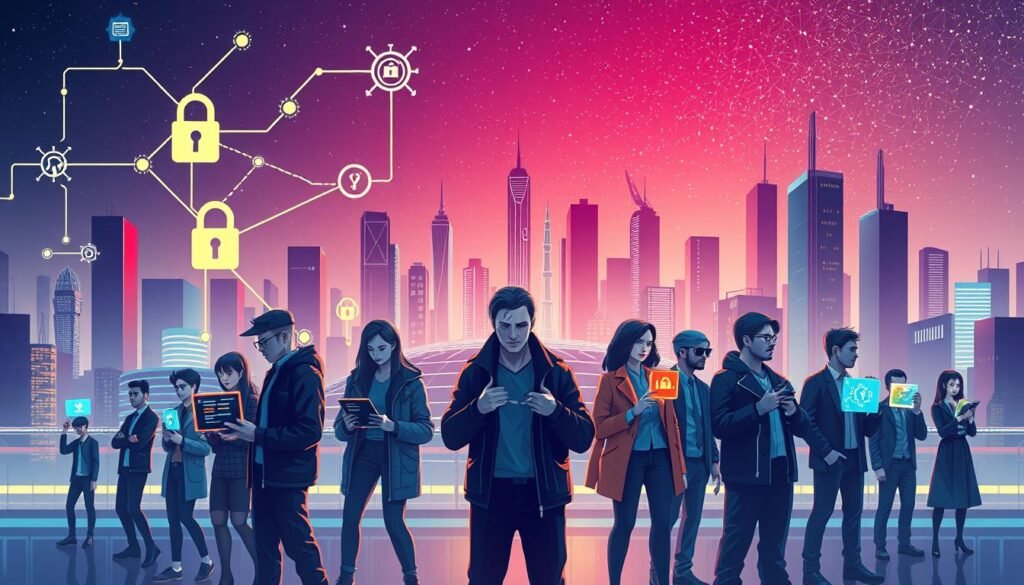 A sleek, modern illustration showcasing the different types of encryption techniques. In the foreground, a diverse cast of characters - programmers, cryptographers, and cybersecurity experts - each holding a symbolic representation of an encryption method, such as a padlock, a secret code, or a data encryption algorithm. The middle ground features a stylized network of digital connections, with data streams flowing between various devices and platforms. In the background, a striking cityscape with towering skyscrapers and a starry, ethereal sky, conveying the global scale and significance of encryption in the digital age. The lighting is crisp and directional, casting dramatic shadows and highlights to emphasize the technical complexity and importance of the subject matter. The overall mood is one of professionalism, innovation, and the crucial role of encryption in securing our digital world.