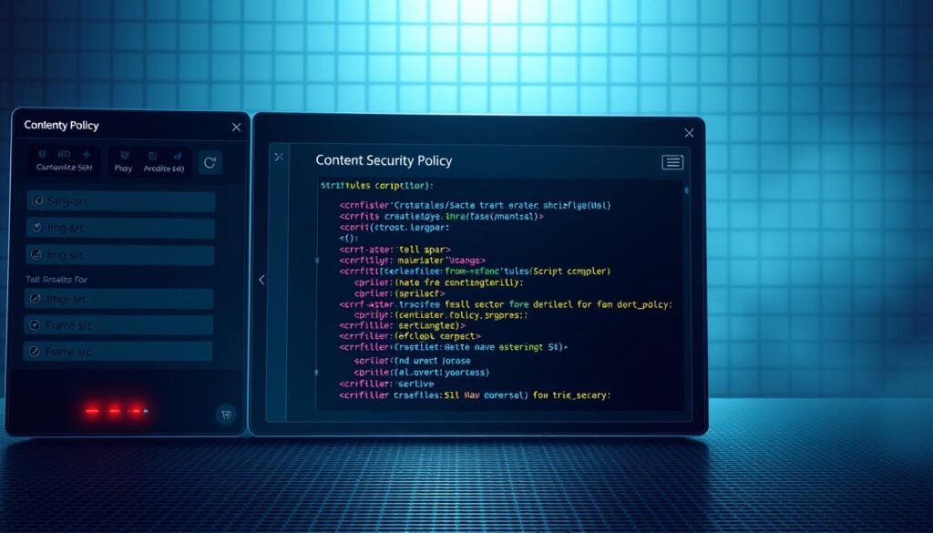 A sleek, modern interface displaying a comprehensive content security policy configuration panel. In the foreground, a series of toggles and input fields allow granular control over directives like script-src, img-src, and frame-src. The middle ground features a detailed visualization of the CSP rules, with color-coded segments representing different policy elements. In the background, a subtle grid pattern evokes the structured nature of the security framework, bathed in a cool, minimalist color palette that conveys a sense of robust protection against potential threats. Dramatic backlighting casts dramatic shadows, emphasizing the importance of this powerful defense-in-depth mechanism. A sleek, modern interface displaying a comprehensive content security policy configuration panel. In the foreground, a series of toggles and input fields allow granular control over directives like script-src, img-src, and frame-src. The middle ground features a detailed visualization of the CSP rules, with color-coded segments representing different policy elements. In the background, a subtle grid pattern evokes the structured nature of the security framework, bathed in a cool, minimalist color palette that conveys a sense of robust protection against potential threats. Dramatic backlighting casts dramatic shadows, emphasizing the importance of this powerful defense-in-depth mechanism.