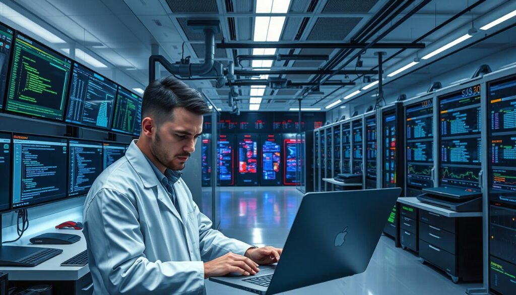 A sleek, modern laboratory with state-of-the-art equipment and workstations. In the foreground, a researcher in a clean white lab coat carefully examining a laptop, their face focused and determined. Surrounding them, an array of monitoring screens displaying visualizations of malware behavior, with lines of code and data scrolling across the displays. The middle ground features secure containment chambers and analysis tools, conveying a sense of controlled experimentation. In the background, a vast array of networked servers and data storage systems, conveying the scale and sophistication of the malware analysis infrastructure. Soft, directional lighting casts an aura of professionalism and seriousness, while the overall scene evokes a feeling of scientific rigor and responsible, ethical malware investigation. A sleek, modern laboratory with state-of-the-art equipment and workstations. In the foreground, a researcher in a clean white lab coat carefully examining a laptop, their face focused and determined. Surrounding them, an array of monitoring screens displaying visualizations of malware behavior, with lines of code and data scrolling across the displays. The middle ground features secure containment chambers and analysis tools, conveying a sense of controlled experimentation. In the background, a vast array of networked servers and data storage systems, conveying the scale and sophistication of the malware analysis infrastructure. Soft, directional lighting casts an aura of professionalism and seriousness, while the overall scene evokes a feeling of scientific rigor and responsible, ethical malware investigation.