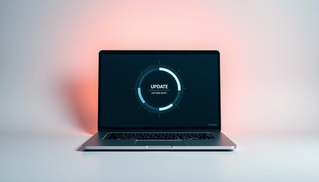 A sleek, modern laptop against a clean, minimalist background. Soft, directional lighting illuminates the laptop screen, which displays a circular interface with a progress bar, signifying a software update in progress. The laptop's design is streamlined and uncluttered, reflecting the importance of keeping devices up-to-date. The overall mood is one of efficiency and technological advancement, underscoring the necessity of software updates for enhanced security and functionality. A sleek, modern laptop against a clean, minimalist background. Soft, directional lighting illuminates the laptop screen, which displays a circular interface with a progress bar, signifying a software update in progress. The laptop's design is streamlined and uncluttered, reflecting the importance of keeping devices up-to-date. The overall mood is one of efficiency and technological advancement, underscoring the necessity of software updates for enhanced security and functionality.