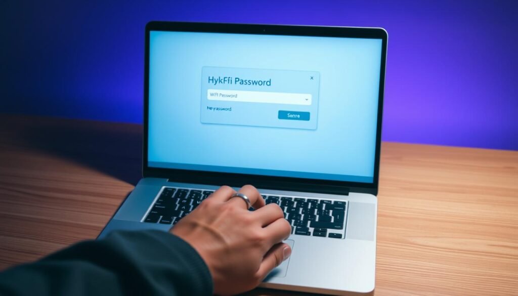 A sleek, modern laptop rests on a minimalist, wood-grain desk, its screen displaying a Wi-Fi password settings window. Soft, diffused lighting illuminates the scene, creating a calm, focused atmosphere. In the foreground, a hand hovers over the keyboard, ready to input a new, secure password. The background subtly fades, drawing the viewer's attention to the task at hand - updating the Wi-Fi network's security to protect against unauthorized access. The overall composition conveys a sense of control and diligence in safeguarding one's digital space.