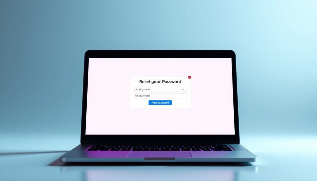 A sleek, modern laptop screen displaying a "Reset Password" interface against a minimalist backdrop. The screen is brightly lit, with a clean, crisp UI design featuring a prominent "Reset Password" button and input fields for email and new password. The lighting is soft and evenly distributed, creating a professional, trustworthy atmosphere. The laptop is angled slightly, suggesting an interactive, user-friendly experience. The background is a subtle gradient, providing visual interest without distracting from the main focus - the reset password screen.