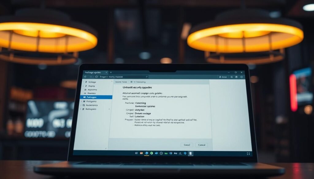 A sleek, modern laptop screen displaying the "unattended-upgrades" package interface. The screen is well-lit, with soft, warm lighting that illuminates the clean, minimalist design. In the foreground, the package manager window takes center stage, its intuitive layout and clear icons guiding the user through the automatic security update configuration process. The background is subtly blurred, creating a sense of focus on the task at hand. The overall mood is one of efficiency, security, and technological sophistication, reflecting the importance of keeping Linux systems up-to-date and protected. A sleek, modern laptop screen displaying the "unattended-upgrades" package interface. The screen is well-lit, with soft, warm lighting that illuminates the clean, minimalist design. In the foreground, the package manager window takes center stage, its intuitive layout and clear icons guiding the user through the automatic security update configuration process. The background is subtly blurred, creating a sense of focus on the task at hand. The overall mood is one of efficiency, security, and technological sophistication, reflecting the importance of keeping Linux systems up-to-date and protected.