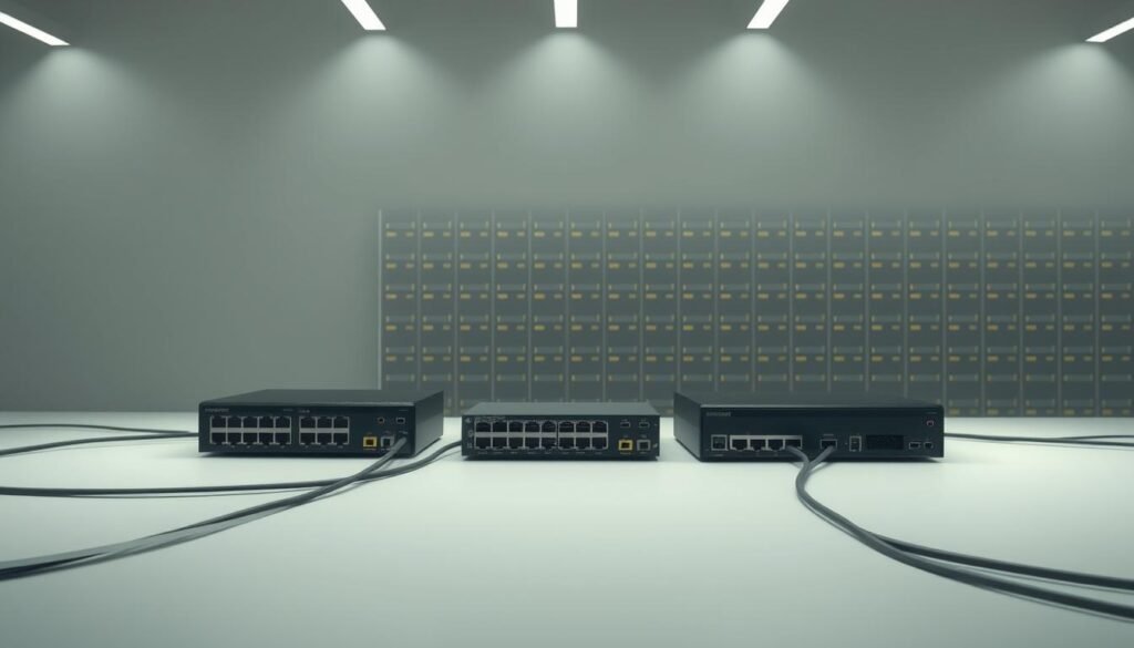 A sleek, modern network configuration diagram showcasing a secure, minimalist setup. In the foreground, a series of stylized network switches and routers stand in a clean, well-lit workspace. The middle ground features elegant cabling in muted tones, neatly organized and routed. In the background, a subtle grid of network ports, some highlighted to signify active connections, others dimmed to represent disabled, unused ports. Soft, directional lighting casts a professional, technical atmosphere, emphasizing the importance of strategic port management for robust cybersecurity.
