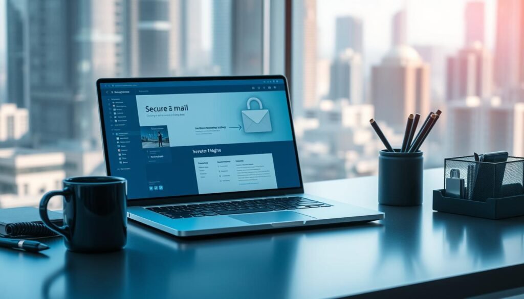 A sleek, modern office desk with a laptop, coffee mug, and desk organizers. On the laptop screen, a secure email interface is displayed, conveying the idea of mitigating email vulnerabilities. The lighting is soft and natural, creating a professional and focused atmosphere. The background features a blurred cityscape, suggesting a corporate setting. The overall scene communicates a sense of diligence and proactive cybersecurity measures.