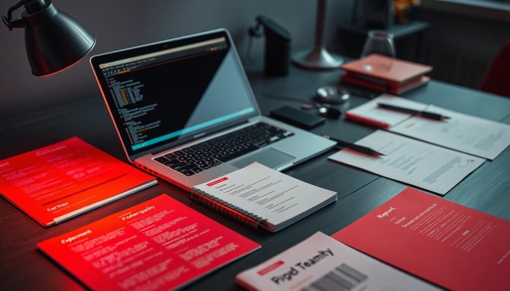 A sleek, modern office desk with a laptop, notebook, and various cybersecurity-themed documents and tools arranged neatly. The documents have a distinctive red color scheme, hinting at the "red team" focus. Subtle lighting casts a warm, focused glow on the scene, creating a sense of professionalism and attention to detail. The overall composition suggests a methodical, organized approach to documenting and reporting on red team findings, in line with the subject of the article.