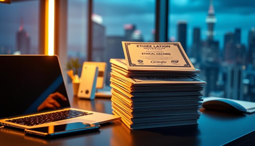 A sleek, modern office desk with a laptop, smartphone, and a stack of certifications showcasing various ethical hacking credentials. The certifications are prominently displayed, with a warm, diffused lighting illuminating them. The background features a blurred city skyline, hinting at the professional, tech-savvy environment. The overall mood is one of expertise, credibility, and the validation of specialized skills in the field of ethical hacking.
