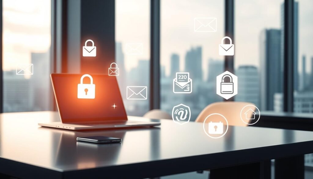 A sleek, modern office desk with a laptop, smartphone, and digital security icons floating above. Soft, diffused lighting illuminates the scene, creating a sense of professionalism and focus. In the background, a city skyline is visible through large windows, conveying a corporate environment. The foreground features various email security elements, such as encryption padlocks, two-factor authentication symbols, and secure email protocol logos, all arranged in a visually striking and informative manner. The overall tone is one of sophistication, technology, and the importance of email security best practices in a professional setting.