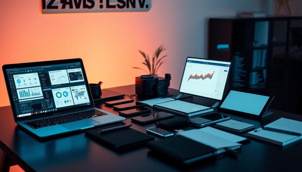 A sleek, modern office desk with a variety of OSINT (Open-Source Intelligence) tools laid out neatly. In the foreground, a laptop displays data visualization dashboards, web browsers, and social media monitoring platforms. In the middle ground, an array of smartphones, tablets, and digital notebooks are arranged, showcasing the diverse range of devices used for company research. The background features a minimalist wall decor, casting a warm, professional ambiance over the scene. Soft, directional lighting illuminates the workspace, highlighting the tools and technologies that empower comprehensive company analysis. The overall composition conveys a sense of efficiency, intelligence gathering, and strategic decision-making. A sleek, modern office desk with a variety of OSINT (Open-Source Intelligence) tools laid out neatly. In the foreground, a laptop displays data visualization dashboards, web browsers, and social media monitoring platforms. In the middle ground, an array of smartphones, tablets, and digital notebooks are arranged, showcasing the diverse range of devices used for company research. The background features a minimalist wall decor, casting a warm, professional ambiance over the scene. Soft, directional lighting illuminates the workspace, highlighting the tools and technologies that empower comprehensive company analysis. The overall composition conveys a sense of efficiency, intelligence gathering, and strategic decision-making.